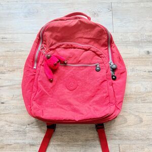 Kipling Seoul 15" Laptop Backpack Pink Red Nylon Monkey Charm School Travel Bag